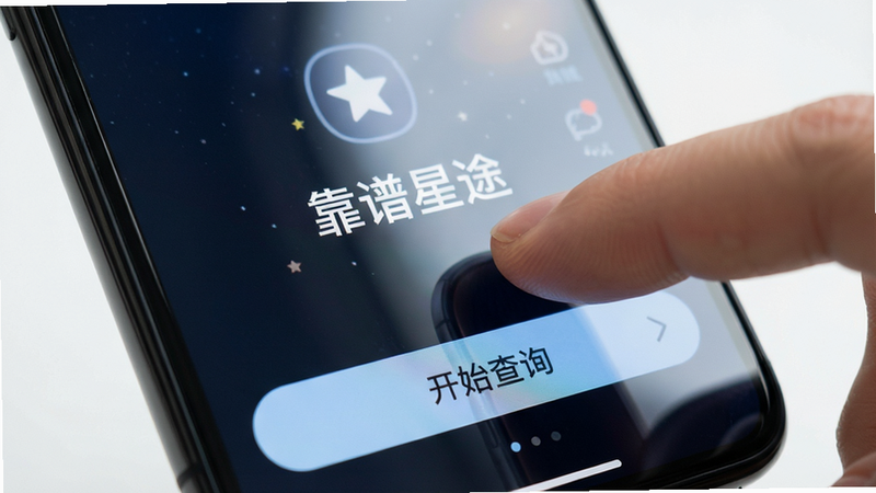 一张展示手机端操作界面的场景图,主体为手指点击“靠谱星途”APP界面的特写,布局聚焦于屏幕下方的操作按钮,风格写实摄影,细节展现屏幕反光与手指动作,画质清晰,干净背景,文字“开始查询”清晰可见