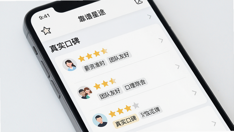 一张展示用户评论聚合界面的手机屏幕特写,主体为“靠谱星途”APP的口碑板块,布局为列表形式,显示带有星级和标签的用户评论,如“薪资准时”、“团队友好”,排版简洁易读,风格清新明亮,细节柔和,画质高清,干净无杂乱元素,文字“真实口碑”清晰可见