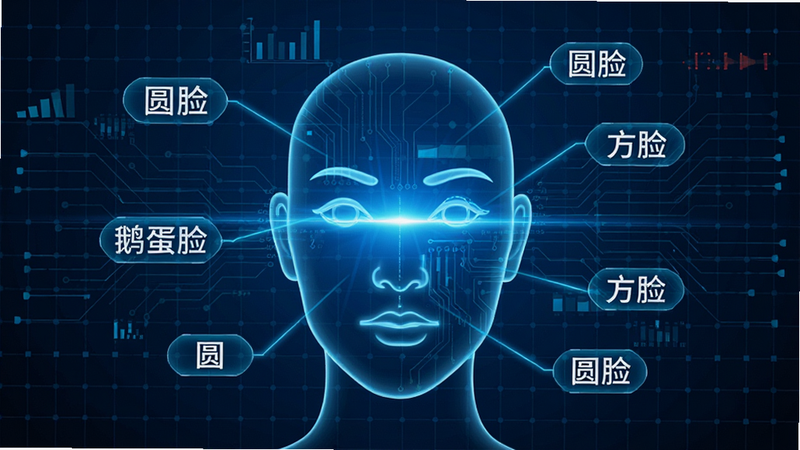 一张科技感十足的示意图,展示一个人脸轮廓被蓝色光线扫描,周围漂浮着“圆脸”、“鹅蛋脸”、“方脸”等标签,背景为深蓝色科技网格,线条流畅,数据可视化风格,体现AI识别技术,高清,细节丰富。