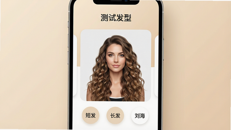 一张展示“测试发型”APP主界面的高清UI设计图,手机屏幕居中显示,背景为柔和的米色渐变。屏幕上方有“测试发型”标题,中间展示一位女性用户正在试戴长卷发的实时预览画面,下方有“短发”、“长发”、“刘海”三个圆形功能按钮。界面风格简约现代,白色卡片式布局,圆角设计,高保真,无多余元素,4k画质,干净。
