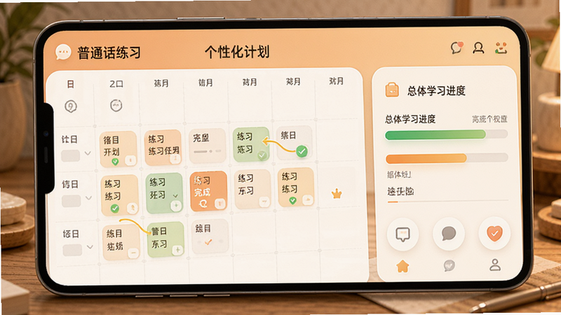 “普通话练习”应用中的个性化计划设置界面,显示一个日历视图,标记出每天的练习任务和完成情况,旁边有一个进度条显示总体学习进度,界面配色温馨舒适,强调个性化定制和进度追踪,细节精致,无噪点