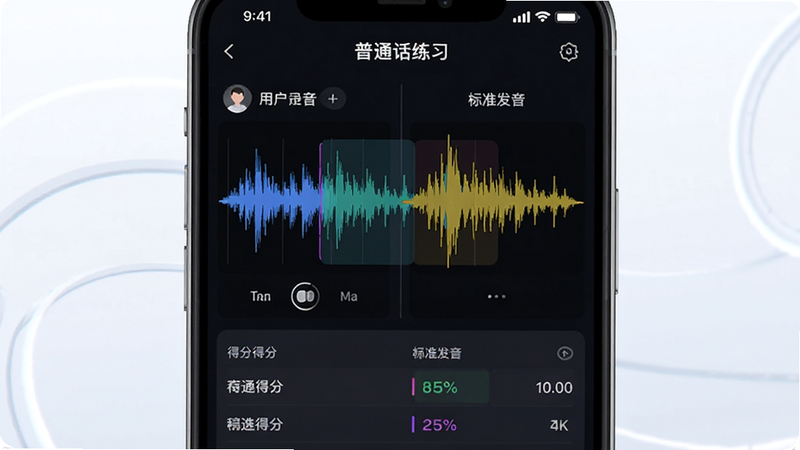 展示“普通话练习”应用中的语音测评界面,屏幕左侧显示用户录音的声波图,右侧显示标准发音的声波图,两者重叠对比,不同颜色的波形代表发音差异,界面下方有详细的得分列表,背景干净明亮,突出科技感和数据分析能力,4k分辨率