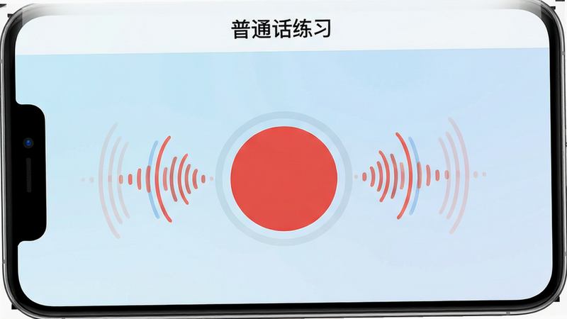 一张高清的智能手机屏幕截图,显示“普通话练习”应用的主界面,背景为柔和的淡蓝色渐变,中央有一个醒目的圆形红色录音按钮,周围环绕着声波波形动画,顶部标题栏清晰显示“普通话练习”字样,整体风格现代简约,UI元素清晰,无多余装饰,高保真渲染