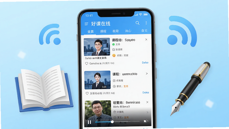 ��������չʾ���ÿ����ߡ�App�İ�׿Ӧ�ý��棬����Ϊ��ˬ��ǳ��ɫ���䣬������һ���ֻ�ģ�ͣ���Ļ����ʾ�ſγ��б�����Ƶ���Ž���������Χ�������鼮���ֱʺ������źŵ�ͼ�꣬�������ִ���Լ��������Ⱦ���޶������ָ��ţ�ͻ���Ƽ����������Χ
