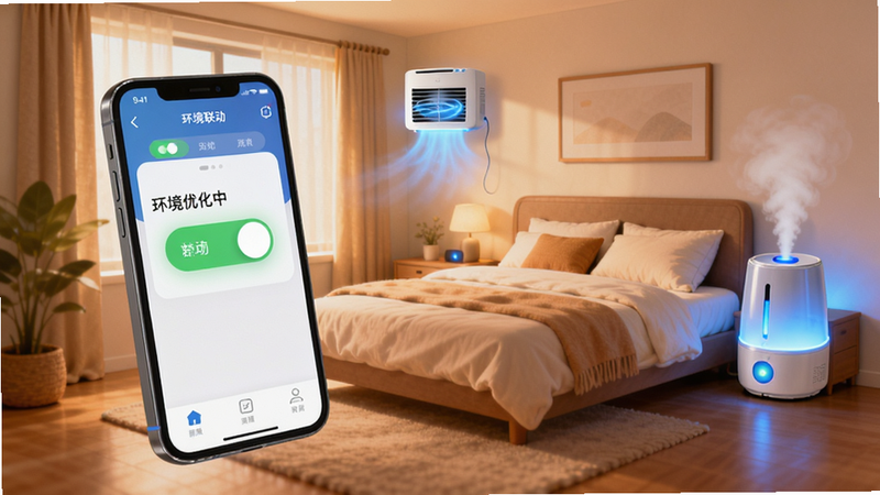 ����Ϊ���ҳ����廭�����ֲ���͸���ӽǣ�ǰ�����ֻ�App���������ڿ��У���ʾ�����������������Ѵ򿪣���������ܰ�����ң��·��豸�ͼ�ʪ���������в�ɢ��������⣬�����ܰ������ϸ��չʾ���豸ָʾ�������״̬�����ʸ��壬�ɾ���������֡������Ż��С�������ʾ