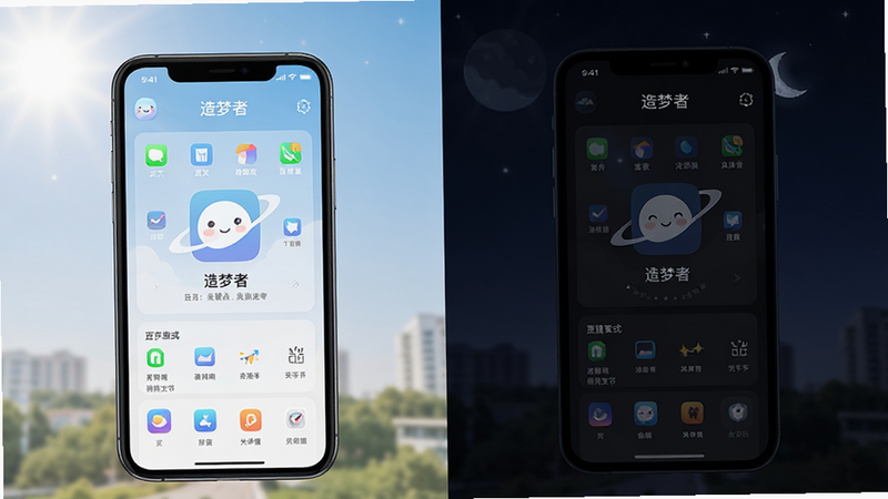 一张展示手机屏幕在不同光线环境下自动调节亮度的对比图,左侧为白天明亮模式,右侧为夜间深色模式,主体为“造梦者”应用界面,布局对称,排版清晰,风格科技感强,细节丰富,画质高清,干净,无多余元素