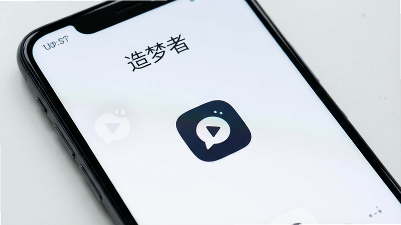 一张高清的手机屏幕特写图,主体为安卓手机显示着名为“造梦者”的应用启动界面,布局简洁,顶部显示应用名称,中间是核心功能图标,排版整齐,风格现代简约,细节清晰,画质4k,干净,无多余元素