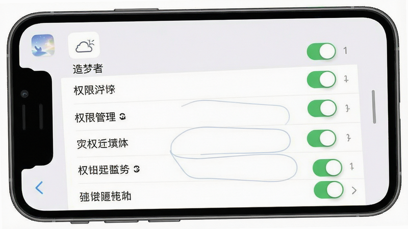 一张手机屏幕截图风格的图,显示“造梦者”应用的设置界面,主体为权限管理列表,布局垂直排列,排版清晰,风格扁平化,细节显示开关状态,画质高清,干净,无多余元素