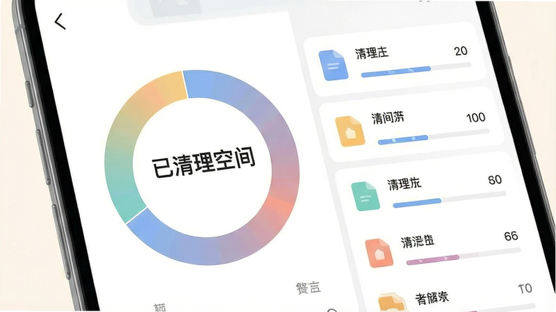 主体为手机存储管理界面,布局为环形图表与列表结合,中心显示“已清理空间”大字,排版层次分明,风格扁平化设计,细节体现文件图标与进度条动画感,画质清晰,色彩柔和,无多余装饰