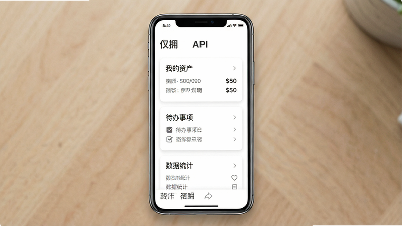 һ�ż������Ӧ�ó������չʾͼ������Ϊ�ֻ���Ļ����Ļ������ʾ����ӵ��APP����ҳ���棬���ð�ɫ���������ɫ���֣������������������ҵ��ʲ����������������������ͳ�ơ�������Ҫģ�鿨Ƭ������ƽ����ϸ�ھ��£����ʸ��壬�ɾ��޶���Ԫ��