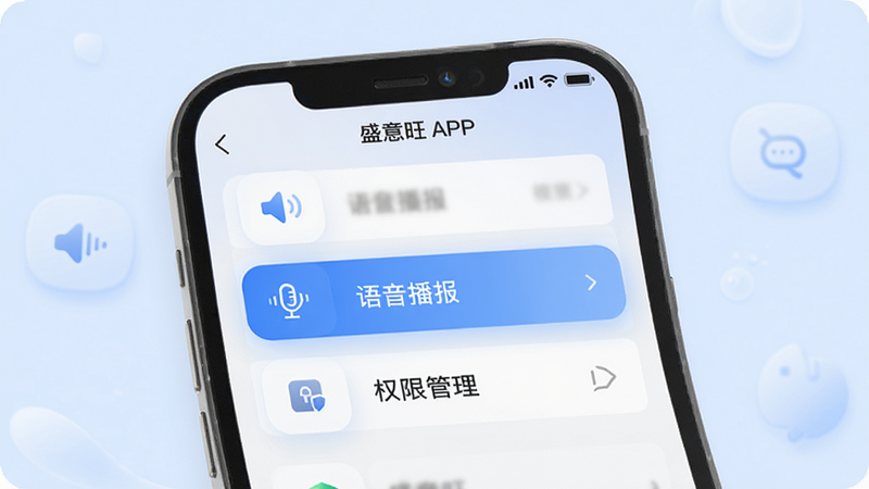 主体为盛意旺APP的设置界面,高亮显示“语音播报”和“权限管理”两个选项,背景为柔和的浅蓝色,图标清晰,排版整齐,风格现代,细节精致,画质高清,无多余元素。