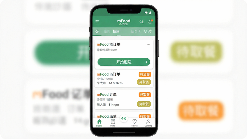 ����Ϊ mFood ��׿Ӧ�ý���ȫ��չʾ������������Ϊ�������������в������б���Ƭ���ײ����ܱ�ǩҳ���Ű�������������У����Ϊ�ִ���ƽ����ƣ�ϸ�ڴ�չʾ��ɫ����ʼ���͡���ť���ɫ����ȡ�͡�״̬��ǩ�����ʸ��� 4K���ɾ��޶���Ԫ�أ����֡�mFood�������ɼ�