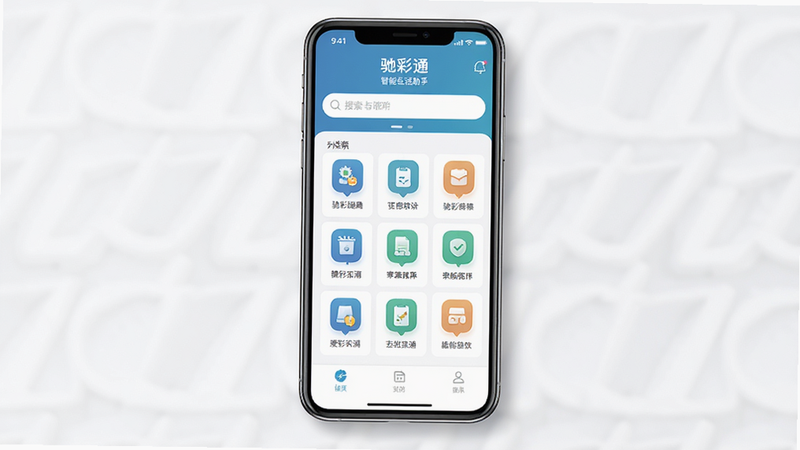 驰彩通软件界面全景展示,主体为智能手机屏幕,显示驰彩通APP首页,布局清晰,包含搜索栏、功能图标网格,排版整齐,风格扁平化现代简约,细节处有柔和阴影,画质高清,干净无多余元素,文字包含