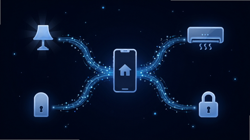一个抽象的概念图,展示FeasyHome的场景联动逻辑,中心是手机图标,通过线条连接灯光、空调、门锁图标,线条呈现流动的光效,象征数据流动与控制指令,背景为深空蓝,科技感强烈,极简风格,无文字