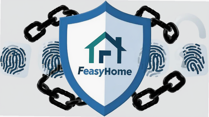 一个盾牌图标,上面带有FeasyHome的Logo,盾牌周围环绕着锁链和指纹图案,象征安全防护与身份验证,背景为浅灰色,图标风格扁平化,清晰醒目,无多余装饰
