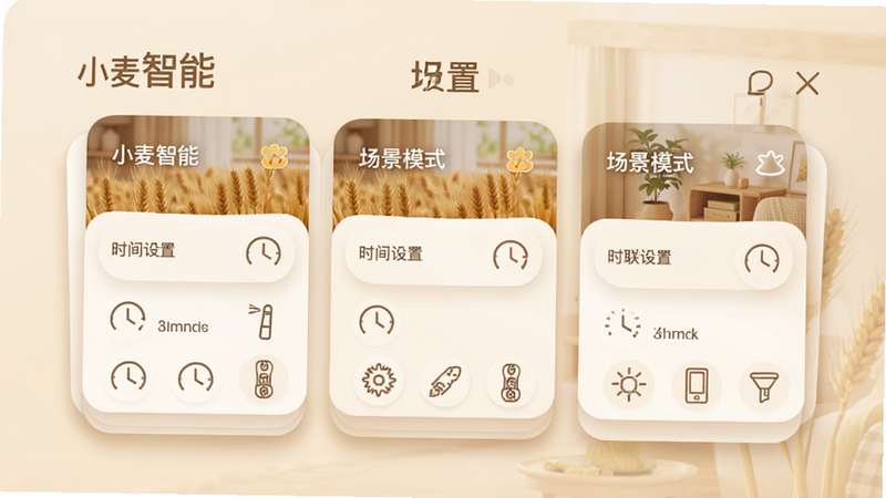 ����ΪС������APP�ĳ������ý��棬����Ϊ��Ƭʽչʾ��ͬ����ģʽ��ÿ�ſ�Ƭ�����������ơ�ʱ�����á������豸ͼ�꣬�Ű����۴󷽣����Ϊ��ܰ�Ҿӷ磬ϸ�ڳ��ֿ�Ƭ��Ӱ��Բ��Ч��������ϸ�壬�޶���Ԫ�أ�����Ϊ�����ɫ�����ְ���