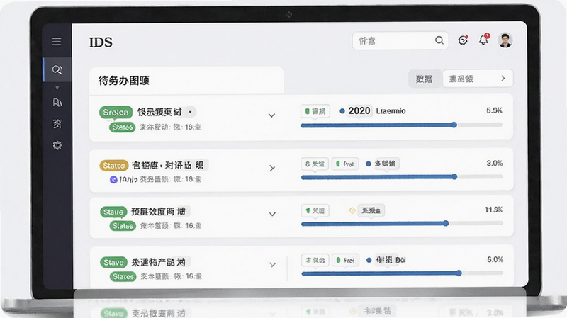 银座IDS任务管理界面预览,展示清晰的待办事项列表,每个任务带有状态标签和进度条,背景为柔和的白色,布局整齐有序,采用卡片式设计,风格简约高效,细节体现数据可视化,画质清晰,无杂乱元素