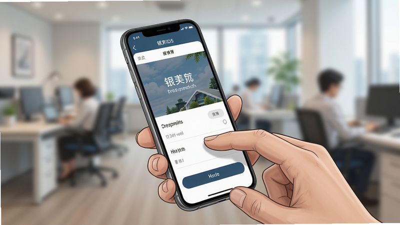 银座IDS移动端使用场景插画,展示一只手拿着智能手机,屏幕显示应用运行界面,背景为模糊的办公室环境,布局聚焦于手机屏幕内容,风格写实且专业,细节体现手持操作的便捷性,画质细腻,无杂乱背景干扰