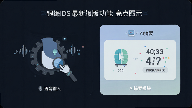 银座IDS最新版功能亮点展示图,突出显示语音输入和AI摘要模块,采用扁平化图标设计,布局清晰明了,配色清新淡雅,细节体现科技感与实用性,画质高清,无多余装饰