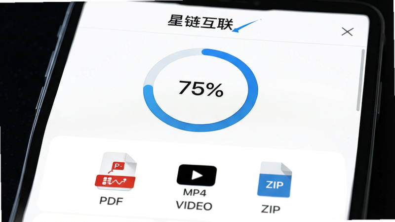 展示“星链互联”文件传输界面的特写图,界面中心有一个圆形的进度条,显示传输百分比为75%,进度条颜色为科技蓝。下方列出了三个待传输的文件图标,分别是PDF文档、MP4视频和ZIP压缩包,图标设计简洁现代。背景为纯白色,突出前景元素。画面风格写实,高清细节,无杂色,体现快速与稳定的视觉感受。
