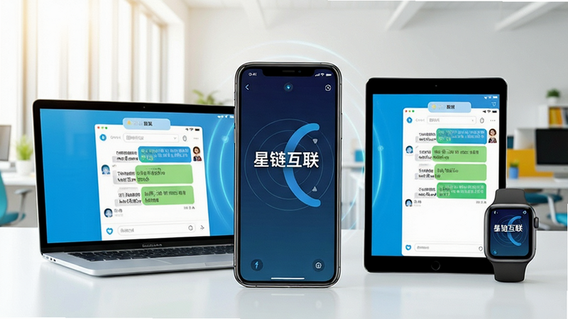 一张展示多设备协同工作的概念图,画面中央是一部智能手机,屏幕显示“星链互联”界面,周围环绕着一台笔记本电脑、一台平板电脑和一台智能手表,所有设备屏幕内容同步显示相同的聊天窗口。背景为明亮的办公室环境,光线充足,色彩明快,体现互联互通的概念。高清,无杂乱背景,构图平衡,现代科技风格。