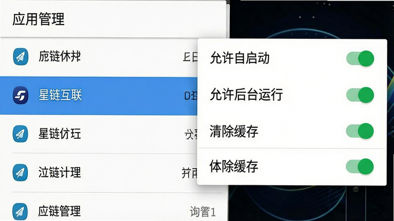 一张手机设置界面的示意图,显示“应用管理”列表,其中“星链互联”被高亮选中。右侧弹出设置菜单,清晰显示“允许自启动”、“允许后台运行”、“清除缓存”等选项开关,开关状态为开启(绿色)。界面风格为典型的安卓系统设置风格,简洁明了,文字清晰,无其他干扰元素,高分辨率,细节清晰。