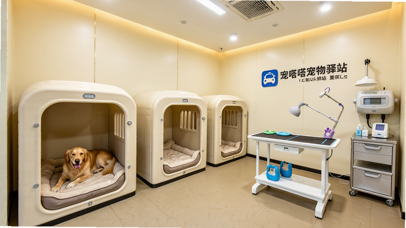 展示“宠嗒嗒宠物搭车”关联的线下宠物驿站实景效果图,画面中是一个明亮宽敞的室内空间,墙壁为暖白色,地面铺设防滑地胶,角落设有独立的宠物休息舱,舱内铺有柔软的垫子,一只金毛犬正安静地躺在其中,旁边有专业的宠物美容台和消毒设备,墙上挂着“宠嗒嗒驿站”的Logo标识,整体环境整洁卫生,光线充足,营造出专业、舒适的照护氛围,无人员干扰,高清摄影风格