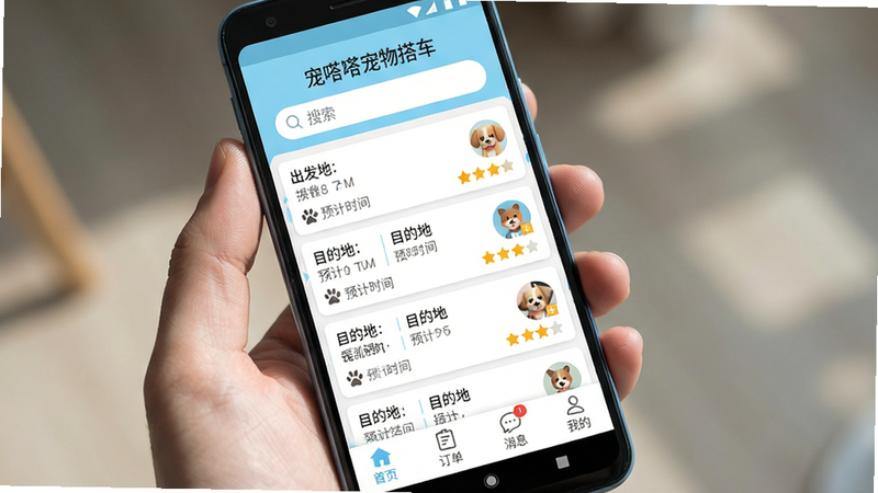 一张高清手机应用界面展示图,主体为安卓手机屏幕,屏幕上显示着“宠嗒嗒宠物搭车”APP的主界面,界面风格清新可爱,以浅蓝色和白色为主色调,顶部有醒目的搜索栏,中间部分展示着多条宠物搭车订单列表,每条订单包含出发地、目的地、预计时间、司机头像及评分,底部导航栏包含“首页”、“订单”、“消息”、“我的”四个图标,整体布局清晰整洁,无多余装饰元素,画质逼真,光影自然