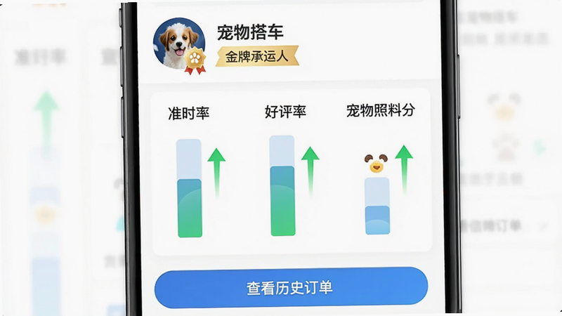 “宠嗒嗒宠物搭车”APP内的司机信用详情页面截图,界面顶部显示司机头像、姓名及“金牌承运人”徽章,中间部分以柱状图形式展示该司机的“准时率”、“好评率”和“宠物照料分”,各项指标均为高分状态,绿色箭头向上表示趋势良好,底部有“查看历史订单”按钮,整体排版严谨,数据可视化清晰,传达出专业、可靠的品牌形象,背景为纯白,突出数据内容