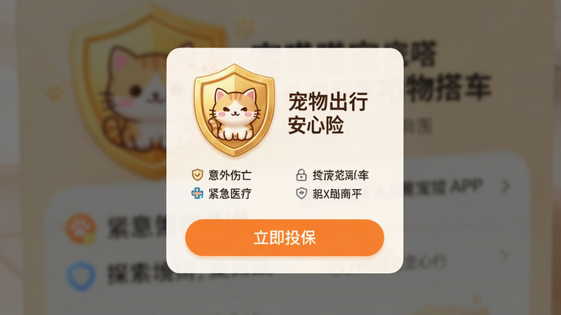 “宠嗒嗒宠物搭车”APP保险购买弹窗界面,弹窗中央是一个金色的盾牌图标,盾牌内部有一只可爱的卡通猫咪形象,旁边写着“宠物出行安心险”,下方列出保障范围列表,如“意外伤亡”、“紧急医疗”等,底部有一个醒目的橙色按钮,文字为“立即投保”,背景略微模糊以突出弹窗,整体设计温馨且具安全感,色彩搭配和谐,无其他干扰元素,高清渲染