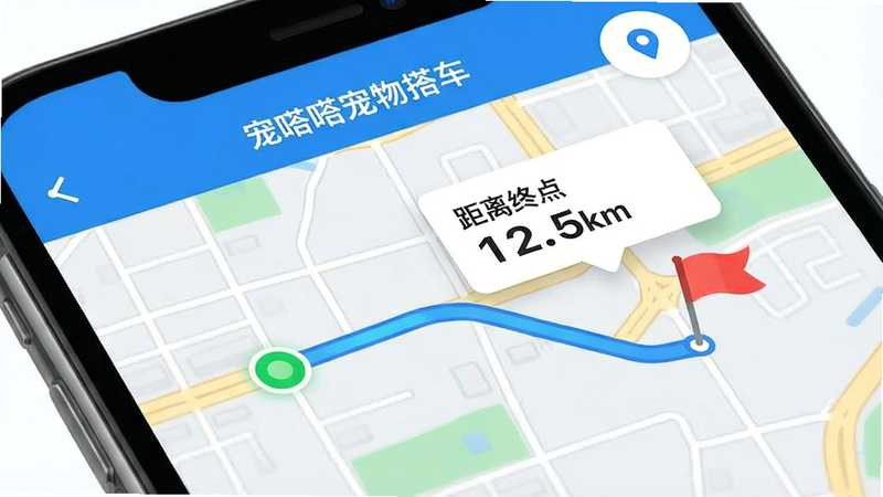 展示“宠嗒嗒宠物搭车”APP地图追踪界面的特写图,手机屏幕中央呈现一张简洁的城市地图,地图上有一条蓝色的动态路线轨迹,起点标记为绿色圆点,终点标记为红色旗帜,路线旁悬浮着一个显示当前车速和预计剩余时间的小卡片,卡片上写着“距离终点 12.5km”,界面右上角有定位刷新按钮,整体设计扁平化,色彩明快,突出科技感和实时性,无杂乱背景,高清细节