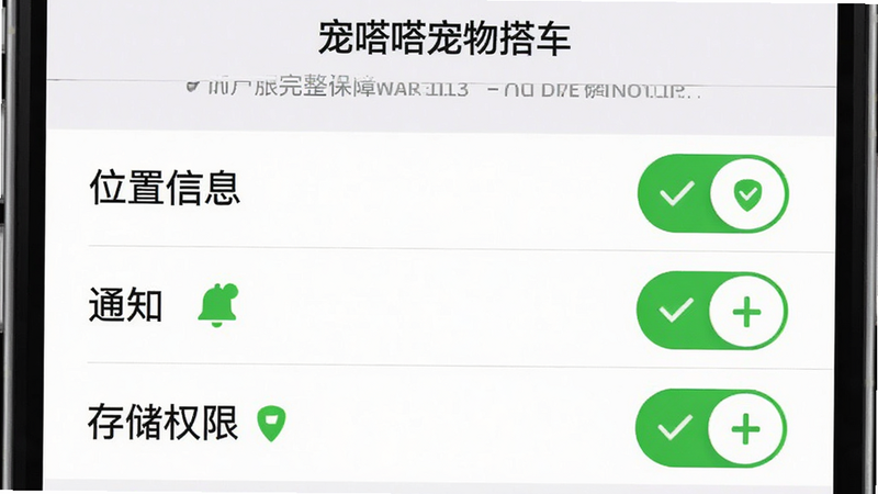 “宠嗒嗒宠物搭车”APP设置权限界面截图,清晰展示“位置信息”、“通知”、“存储权限”等开关状态,所有权限均已开启,旁边配有绿色的对勾图标,界面简洁明了,提示用户确保权限完整以保障服务正常,背景为浅灰色,突出设置项,无其他干扰元素,高清细节