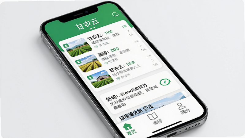 ��ũ��APP������չʾ������Ϊ�ֻ���Ļ������������������ʾӦ�����ơ���ũ�ơ����м�չʾ�γ��б������ſ�Ƭ���ײ�������������ҳ���γ̡��ҵĵ�ͼ�꣬����ִ���Լ��ɫ������ɫ�Ͱ�ɫΪ����ϸ�ڷḻ�����ʸ��壬�ɾ��޶���Ԫ��