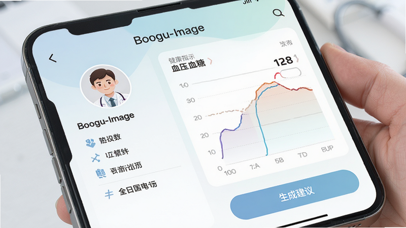 Boogu-Image:主体为手机界面,显示健康档案页面,左侧是用户头像和基本信息栏,右侧是健康指标图表,如血压、血糖曲线,底部有“生成建议”按钮,配色柔和,数据可视化清晰,高清,专业医疗风格,无多余装饰