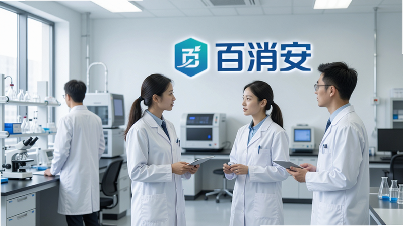 Boogu-Image:主体为办公室场景,几位穿着白大褂的科研人员正在讨论,背景是实验室设备,墙上挂着“佰消安”品牌Logo,画面明亮,专业感强,高清,商业摄影风格,无杂乱物品