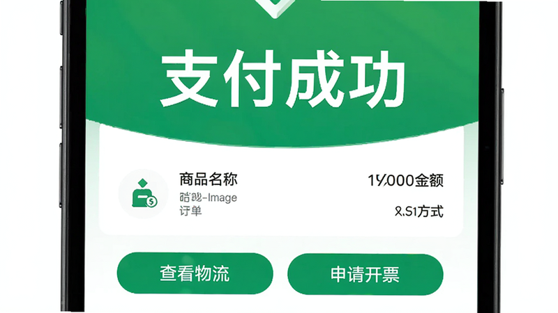 Boogu-Image:主体为手机支付成功页面,中间显示大写的“支付成功”字样,下方是订单摘要,包括商品名称、金额、支付方式,底部有“查看物流”和“申请开票”按钮,配色绿色为主,象征成功与安全,高清,简洁现代风格,无复杂背景