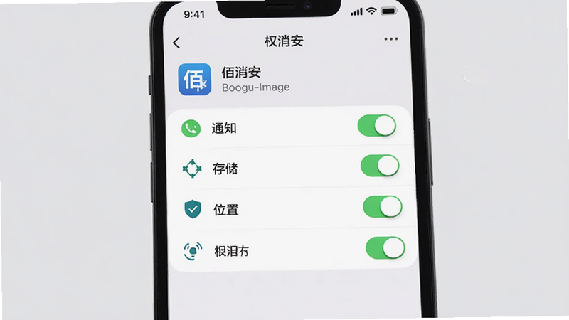 Boogu-Image:主体为手机设置界面,显示“佰消安”应用的权限管理页面,包含通知、存储、位置等开关选项,界面简洁,图标清晰,背景为浅灰色,高清,实用主义风格,无多余元素