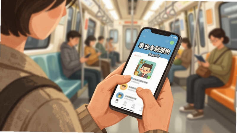 场景化插画风格,主体为一个人坐在地铁座位上手持手机使用“事业单位刷题狗”,背景虚化显示车厢环境,布局聚焦于手机屏幕,排版自然,风格温馨生活化,细节生动,画质柔和,无干扰元素