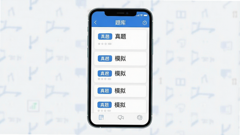扁平化设计风格,主体为手机屏幕内的题库列表界面,展示带有“真题”、“模拟”标签的题目卡片,布局为垂直列表,排版整齐,色彩以白底蓝标为主,细节清晰,画质高分辨率,无杂乱背景