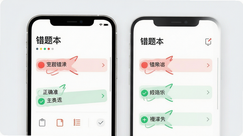 极简主义UI设计,主体为“错题本”功能页面,显示红色的错题标记和绿色的正确标记对比,布局为左右分栏,排版清晰,风格现代简约,细节精致,画质清晰,无多余装饰