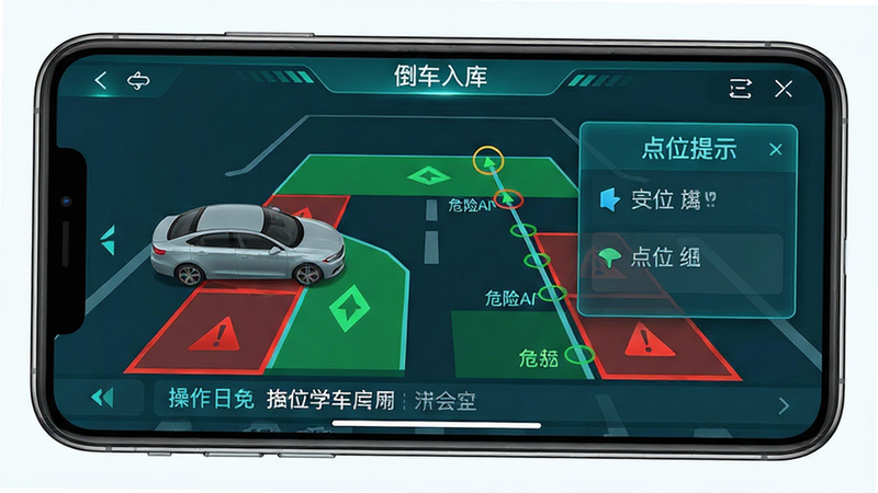 智驾学车应用功能界面展示,主体为手机屏幕显示科目二倒车入库模拟画面,布局左侧为车辆侧视图,右侧为点位提示弹窗,底部为操作日志列表,风格为科技蓝绿色调,细节包含绿色安全区域标识、红色危险区域警示、清晰的点位线,画质清晰,干净,无多余元素,文字显示