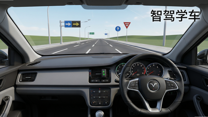 ����Ϊ�Ǽ�ѧ�������ڵ�3D��ʻ���ӽǣ�����Ϊ��һ�˳Ƽ�ʻλ��ǰ���Ǵ�ߴ絲�粣����Ұ����ʾǰ����·�ͽ�ͨ��־���Ǳ���ϸ���������������������棬���дʵ�����ʼ��ߣ��ɾ����޶���Ԫ�أ����֡��Ǽ�ѧ�������������Ͻ�