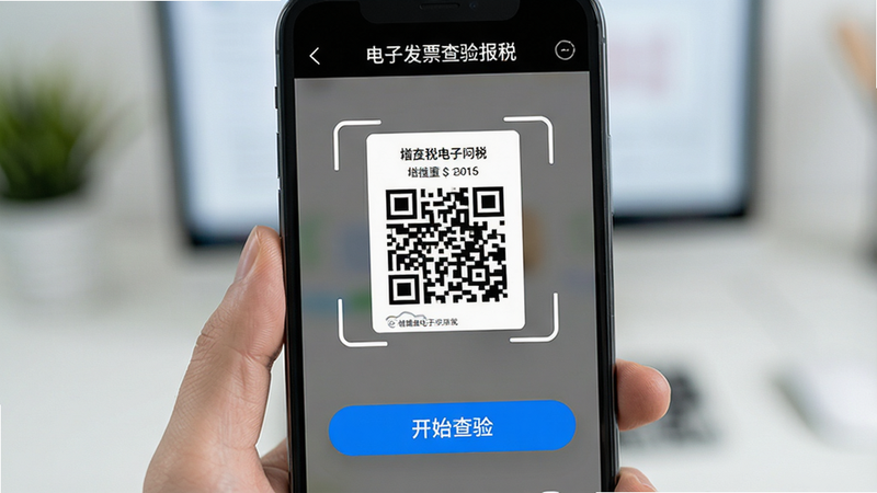 手机屏幕特写,显示“电子发票查验报税”的扫码界面,摄像头取景框内有一张清晰的增值税电子发票二维码,界面下方有“开始查验”的大号蓝色按钮,背景虚化,突出操作便捷性,风格现代简约,画质清晰