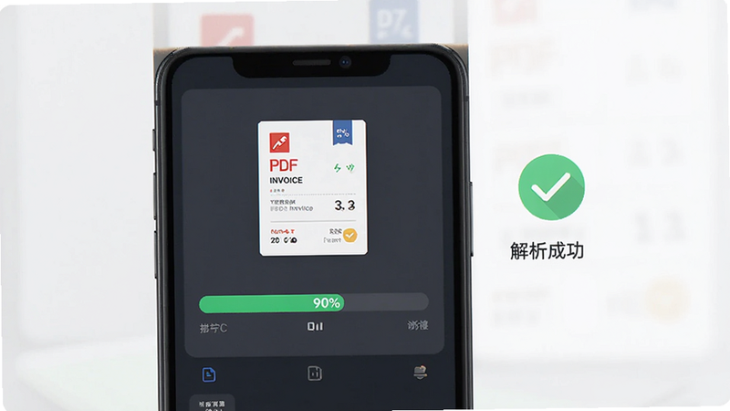 手机界面展示文件导入过程,显示一个PDF发票文件正在被解析,进度条显示90%,旁边有“解析成功”的绿色对勾图标,界面整洁,字体清晰,体现高效数据处理能力,风格扁平化,细节精致