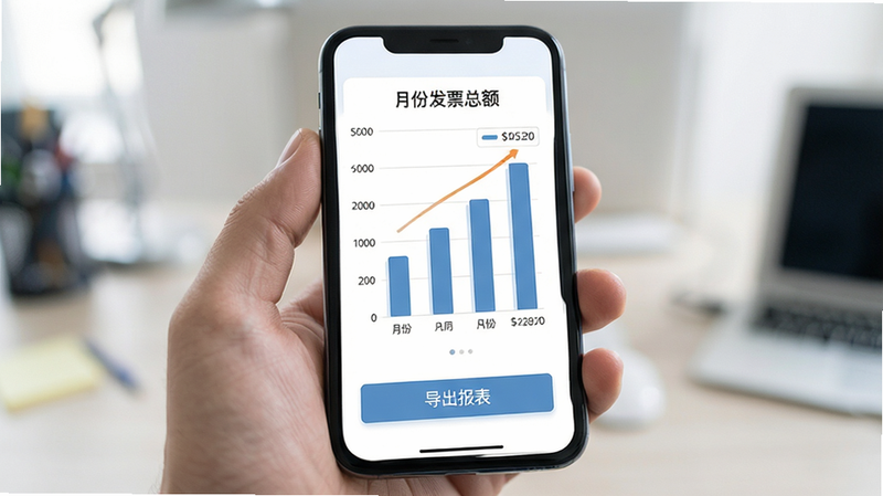 手机屏幕显示数据统计图表,柱状图展示不同月份的发票总额,下方有“导出报表”按钮,界面设计专业,配色柔和,体现数据分析功能,画质高清,无杂乱元素