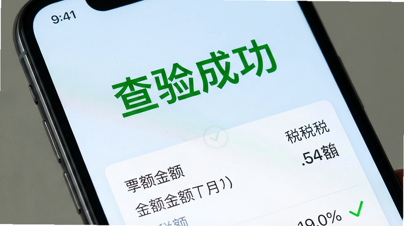 手机界面显示“查验成功”绿色大字,下方列出发票详细信息,包括金额和税额,背景为浅蓝色,设计风格清新,细节完整,画质高清