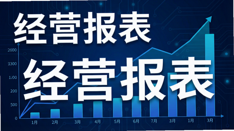 一张数据可视化图表插画,包含折线图和柱状图,展示销售趋势,背景为深蓝色科技风,布局紧凑,细节丰富,体现数据分析功能,画质高清,无多余元素,文字“经营报表”醒目显示