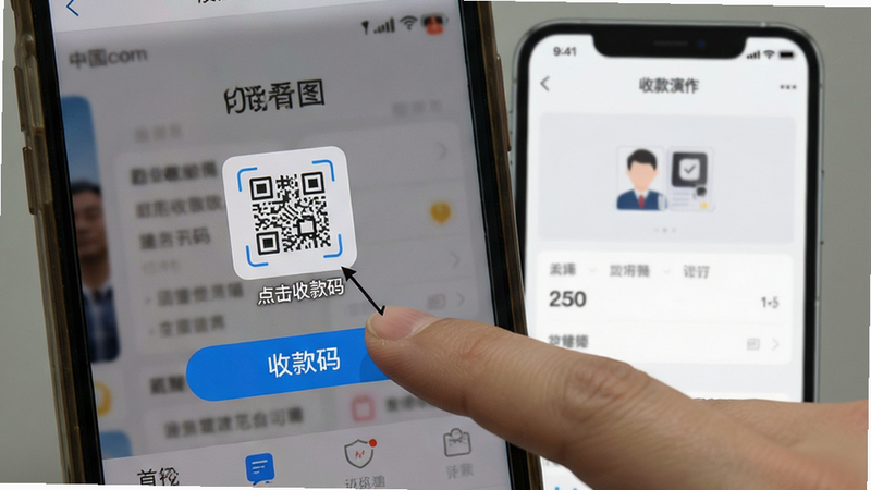 一张手机操作演示图,展示手指点击“收款码”按钮的动作,背景为APP界面,布局清晰,细节真实,风格写实,画质高清,无多余元素,文字“点击收款码”标注清晰
