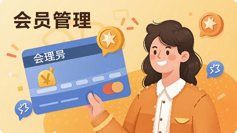 一张人物与卡片结合的插画,展示会员卡片和积分图标,背景为暖色调,布局活泼,细节生动,体现会员管理功能,画质清晰,无多余元素,文字“会员管理”清晰可见