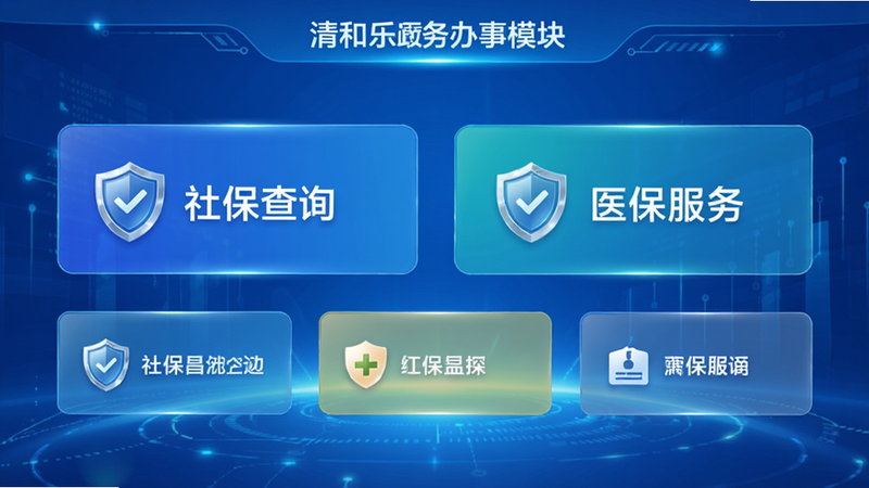 清和乐昌政务办事模块界面,显示“社保查询”、“医保服务”等大按钮,带有盾牌安全图标,界面布局清晰,蓝色渐变背景,科技感强,高清